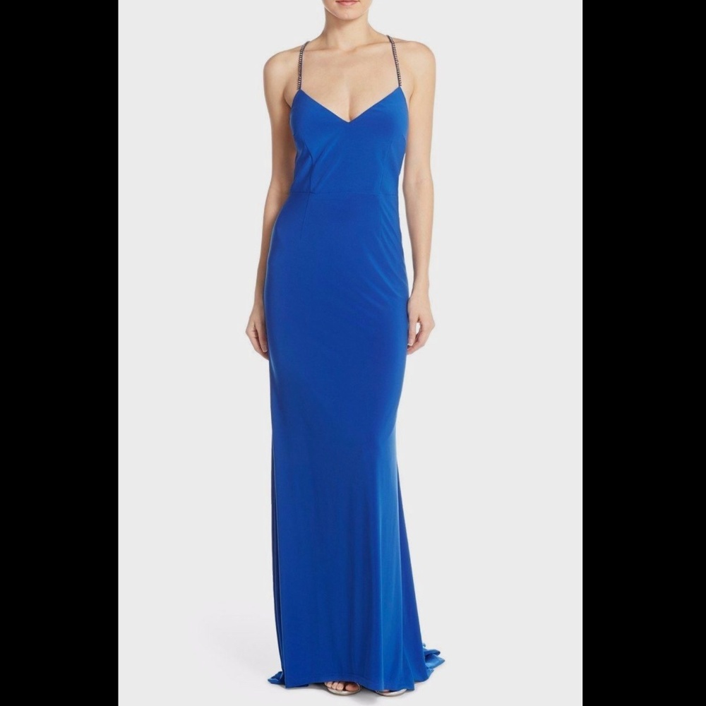 NWT Adriana Papell Sexy Bejeweled Jersey Slip‎ Gown Royal Blue [SZ 10 ]